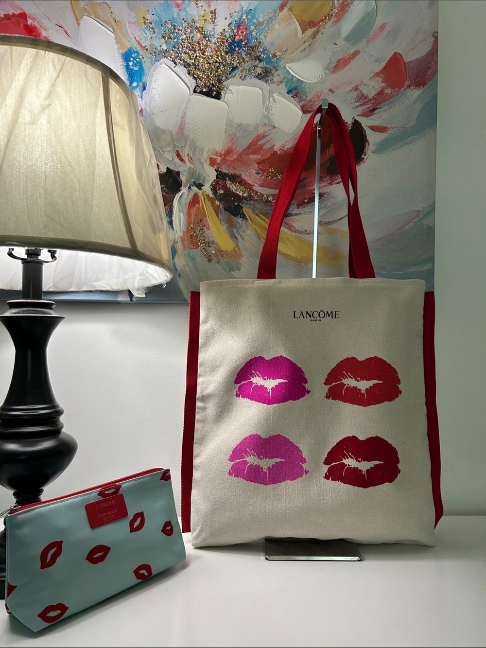 Lancôme Cream Canvas Tote with Red and Pink Lip Prints and Clinique Make up Bag